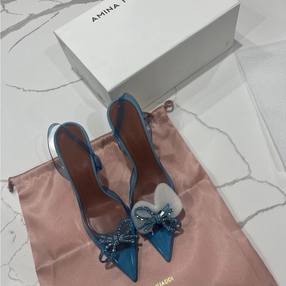 Amina Muaddi Shoes - Amina Muaddi Teal Slingback Heels with Bow